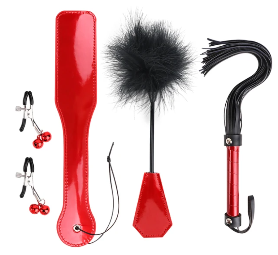 Kit Sex Bondage - Conjunto BDSM para Mulheres e Casais, Inclui Chicote, Pás Espancadas e Braçadeiras Ajustáveis para Mamilos, 4 Peças