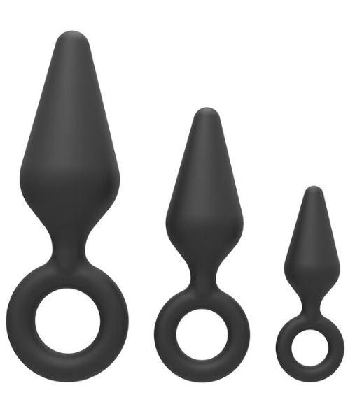 Kit Treinamento Anal de Silicone Diversos Tamanhos Preto com Argola de Segurança